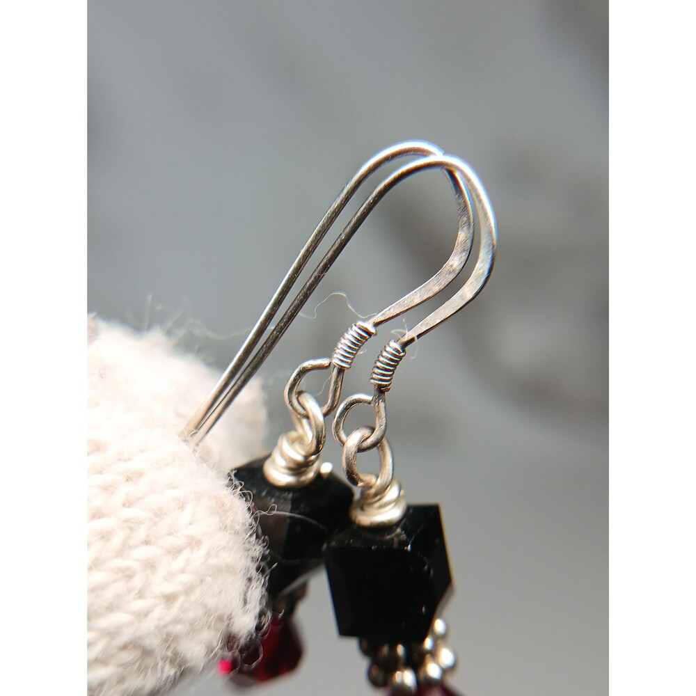 Sterling Silver Black Red Crystal Bead Dangle Earrings - Picture 12 of 16